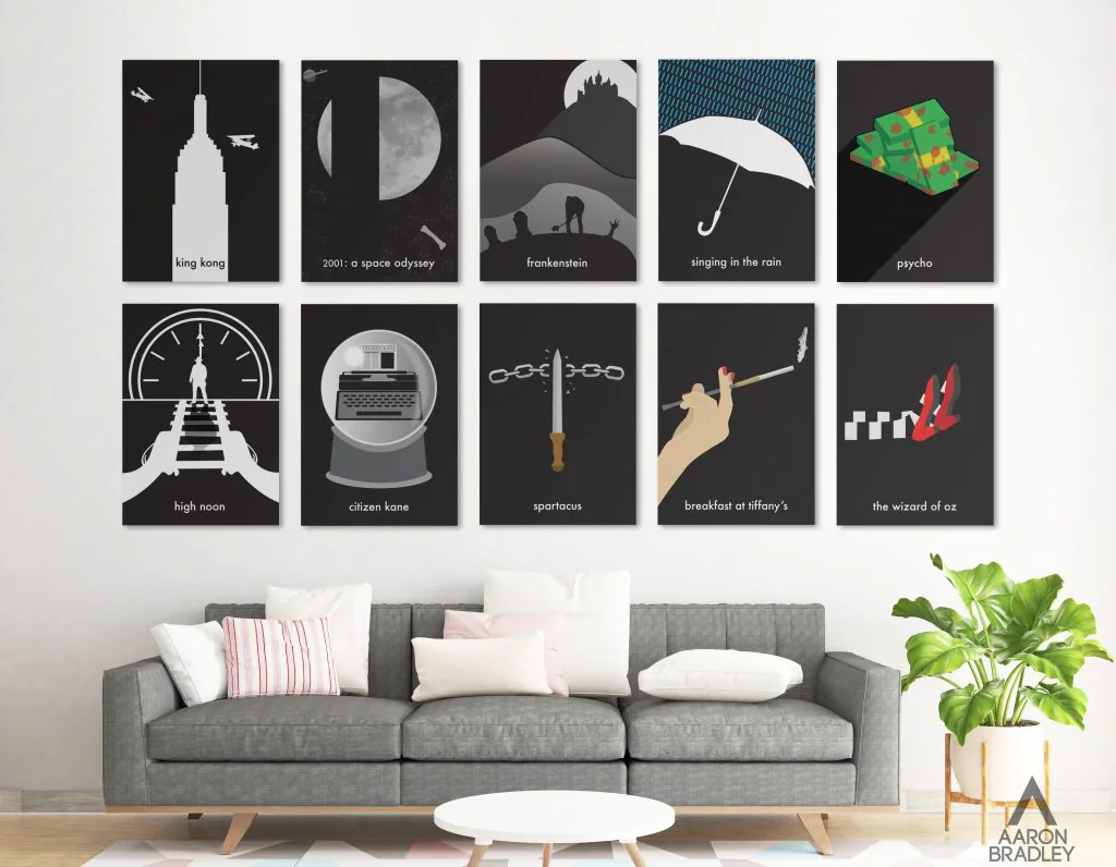 Ten minimalist film posters hung above a sofa